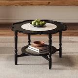 Petal Coffee Table Round Mid-Century Modern Center Table Boho Sofa Side Table with White Crackle Pattern Glass Top, Black
