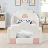 Twin Size Kids Upholstered Platform Bed Frame Cloud Toddler Bed with Soft Cushion, Rounded Corner & Safety Guardrail, White