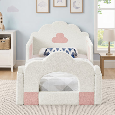 Twin Size Kids Upholstered Platform Bed Frame Cloud Toddler Bed with Soft Cushion, Rounded Corner & Safety Guardrail, White