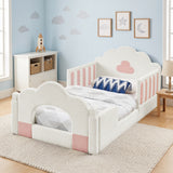 Twin Size Kids Upholstered Platform Bed Frame Cloud Toddler Bed with Soft Cushion, Rounded Corner & Safety Guardrail, White