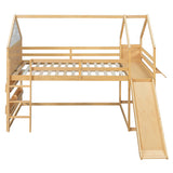 Full Size House Loft Bed with Slide, Safety Guardrails & Storage Cabinet for Kids/Teens, Lower Open Play Area
