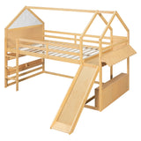 Full Size House Loft Bed with Slide, Safety Guardrails & Storage Cabinet for Kids/Teens, Lower Open Play Area