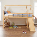 Full Size House Loft Bed with Slide, Safety Guardrails & Storage Cabinet for Kids/Teens, Lower Open Play Area