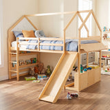 Full Size House Loft Bed with Slide, Safety Guardrails & Storage Cabinet for Kids/Teens, Lower Open Play Area