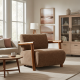 Accent Chair Oversized Cushioned Single Sofa Chair with Solid Wood Thick Arm, Comfy Upholstered Armchair Curved Lounge Chair, Brown