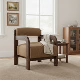 Upholstered Accent Chair Padded Single Sofa Chair Solid Wood Reading Armchair Lounge Chair with Cylindrical Roll Back Cushion,Camel+Brown