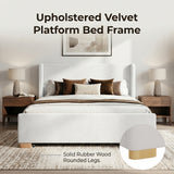 Queen Size Upholstered Velvet Platform Bed Frame with Storage Bench Ottoman, Padded Tall Wingback Headboard, Wood & Metal Support, Cream