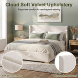 Queen Size Upholstered Velvet Platform Bed Frame with Storage Bench Ottoman, Padded Tall Wingback Headboard, Wood & Metal Support, Cream