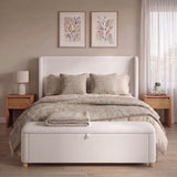 Queen Size Upholstered Velvet Platform Bed Frame with Storage Bench Ottoman, Padded Tall Wingback Headboard, Wood & Metal Support, Cream