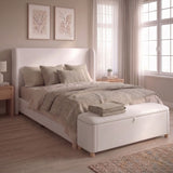 Queen Size Upholstered Velvet Platform Bed Frame with Storage Bench Ottoman, Padded Tall Wingback Headboard, Wood & Metal Support, Cream