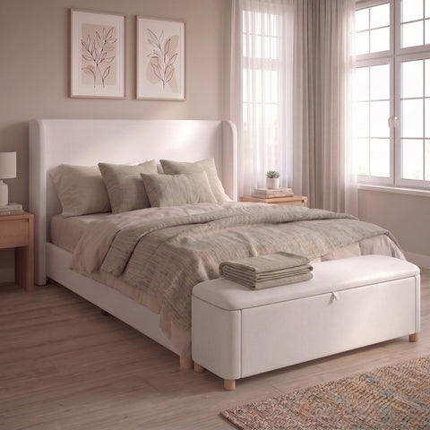 Queen Size Upholstered Velvet Platform Bed Frame with Storage Bench Ottoman, Padded Tall Wingback Headboard, Wood & Metal Support, Cream