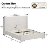 Queen Size Upholstered Velvet Platform Bed Frame with Storage Bench Ottoman, Padded Tall Wingback Headboard, Wood & Metal Support, Cream