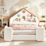 Full House Shaped Upholstered Floor Bed Frame, Teddy Fleece Kids Bed Playhouse Platform Bed Frame