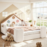 Full House Shaped Upholstered Floor Bed Frame, Teddy Fleece Kids Bed Playhouse Platform Bed Frame