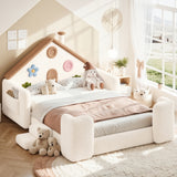 Full House Shaped Upholstered Floor Bed Frame, Teddy Fleece Kids Bed Playhouse Platform Bed Frame