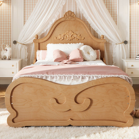 Twin Vintage Carved Wood Platform Bed, Low-Profile Bed Frame with Slatted Support for Kids & Teens