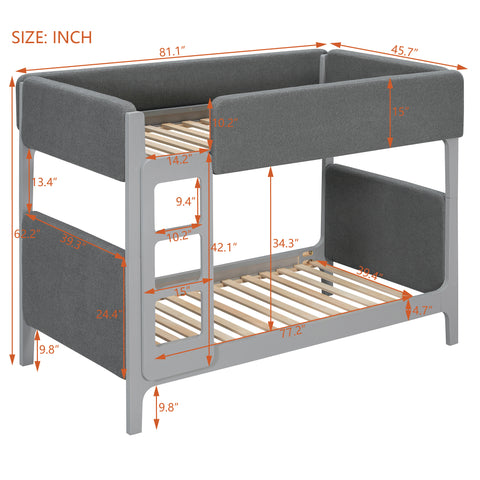 Twin Over Twin Upholstered Bunk Bed with Thick Padded Headboard, Footboard & Guardrails, Detachable Bunk Bed for Kids&Teens, Gray