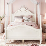 Full Size Crown Shaped Four Poster Platform Bed Wooden Bed Frame with Curved Headboard