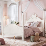 Full Size Crown Shaped Four Poster Platform Bed Wooden Bed Frame with Curved Headboard