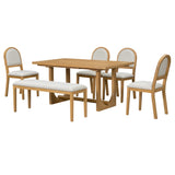 6-Piece 48.1"-84.3" Extendable Dining Table Set for 6, Large Family Kitchen Table with 4 Padded Dining Chairs & Bench, Natural