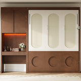 Queen Size Foldable Murphy Wall Bed with Side Cabinet, Hideaway Bed with Built-in Desk, LED Lights & Drawers