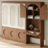 Queen Size Foldable Murphy Wall Bed with Side Cabinet, Hideaway Bed with Built-in Desk, LED Lights & Drawers