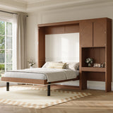 Queen Size Foldable Murphy Wall Bed with Side Cabinet, Hideaway Bed with Built-in Desk, LED Lights & Drawers