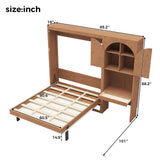 Queen Size Foldable Murphy Wall Bed with Side Cabinet, Hideaway Bed with Built-in Desk, LED Lights & Drawers