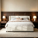 King Size Upholstered Platform Bed Frame with Wingback Headboard, Modern Padded Bed, White