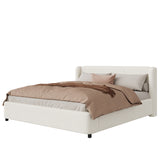 King Size Upholstered Platform Bed Frame with Wingback Headboard, Modern Padded Bed, White