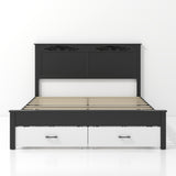 Queen Size Platform Bed Frame with Storage Drawers, Noise-free, White+Black