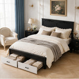 Queen Size Platform Bed Frame with Storage Drawers, Noise-free, White+Black