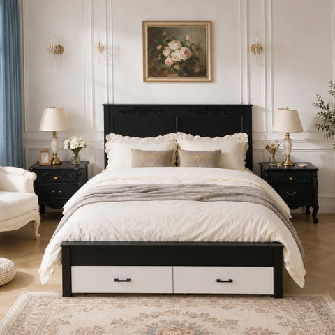 Queen Size Platform Bed Frame with Storage Drawers, Noise-free, White+Black