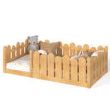 Twin Size Kids Floor Bed Montessori Platform Bed Frame Cute Toddler Bed with Fence-Style Safety Guardrail, Natural