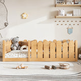 Twin Size Kids Floor Bed Montessori Platform Bed Frame Cute Toddler Bed with Fence-Style Safety Guardrail, Natural