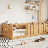 Twin Size Kids Floor Bed Montessori Platform Bed Frame Cute Toddler Bed with Fence-Style Safety Guardrail, Natural