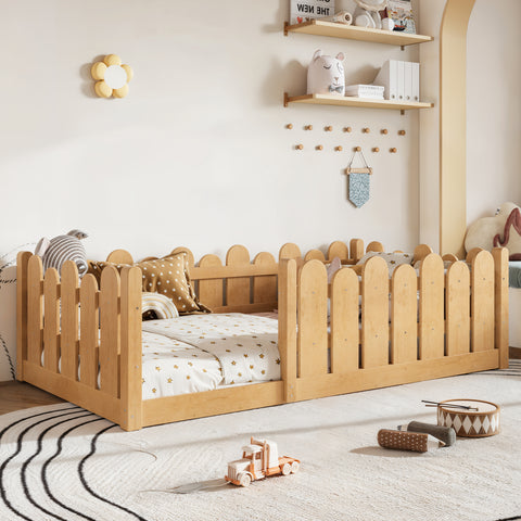 Twin Size Kids Floor Bed Montessori Platform Bed Frame Cute Toddler Bed with Fence-Style Safety Guardrail, Natural