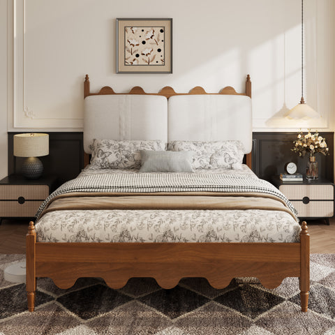 Queen Size Platform Bed Frame with Padded Upholstered Headboard, Noise-free Vintage Bed, Walnut