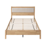 Queen Solid Rubber Wood Platform Bed Frame with Upholstered Headboard, Reinforced by Central Support Legs, Natural