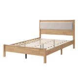 Queen Solid Rubber Wood Platform Bed Frame with Upholstered Headboard, Reinforced by Central Support Legs, Natural