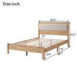 Queen Solid Rubber Wood Platform Bed Frame with Upholstered Headboard, Reinforced by Central Support Legs, Natural