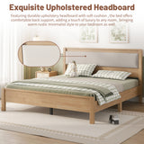Queen Solid Rubber Wood Platform Bed Frame with Upholstered Headboard, Reinforced by Central Support Legs, Natural