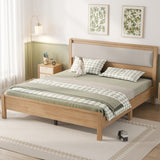 Queen Solid Rubber Wood Platform Bed Frame with Upholstered Headboard, Reinforced by Central Support Legs, Natural