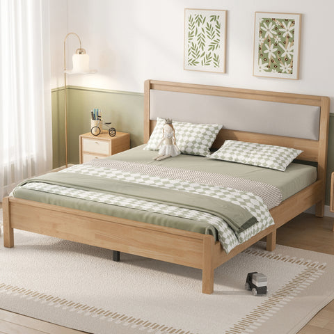 Queen Solid Rubber Wood Platform Bed Frame with Upholstered Headboard, Reinforced by Central Support Legs, Natural
