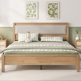 Queen Solid Rubber Wood Platform Bed Frame with Upholstered Headboard, Reinforced by Central Support Legs, Natural