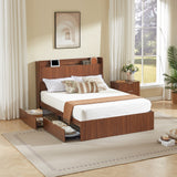 Queen Platform Bed Frame with 4 Storage Drawers & Built-in Charging Station, Walnut