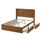 Queen Platform Bed Frame with 4 Storage Drawers & Built-in Charging Station, Walnut
