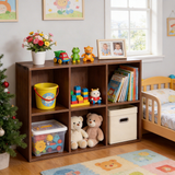 6-Cube Bookshelf Solid Rubberwood Bookcase, 2-Tier Low Display Organizer Cabinet, Walnut