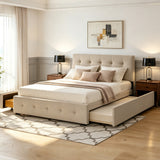 Queen Upholstered Platform Bed Frame with 2 Drawers, Twin XL Trundle & Soft Padded Headboard, Dark Beige
