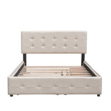 Queen Upholstered Platform Bed Frame with 2 Drawers, Twin XL Trundle & Soft Padded Headboard, Dark Beige
